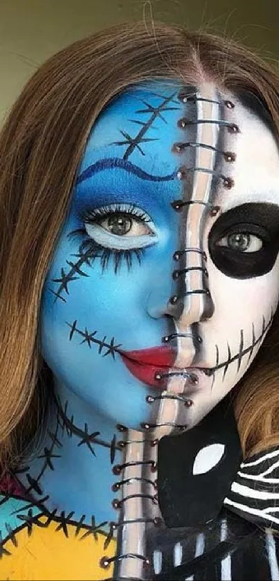 Creative and colorful face makeup design for Halloween.