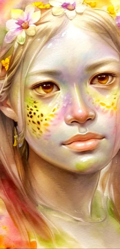 Colorful watercolor face with floral accents.