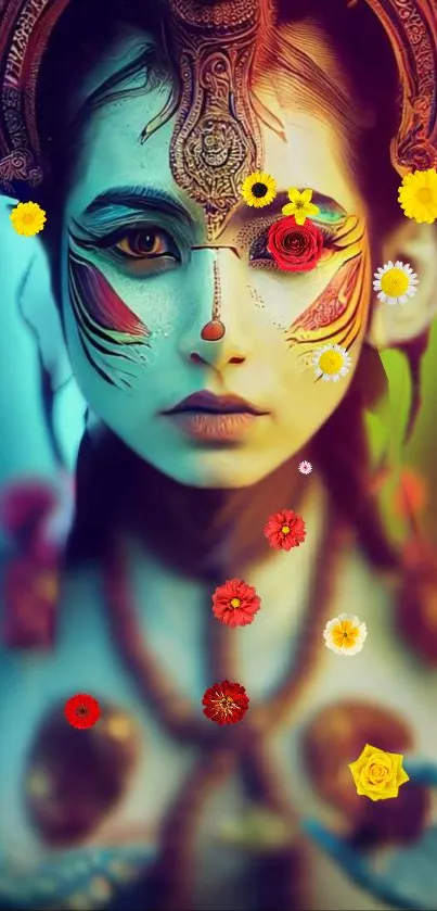 Colorful artistic face with floral design.