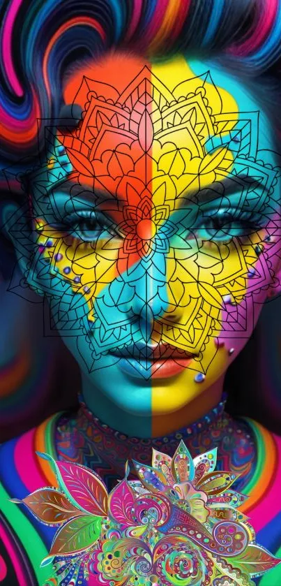 Colorful artistic face with vivid neon patterns on mobile wallpaper.