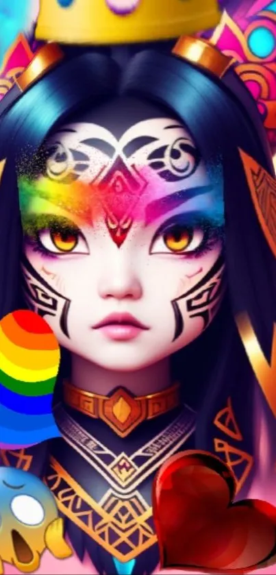 Artistic fantasy portrait with rainbow colors and tribal patterns.