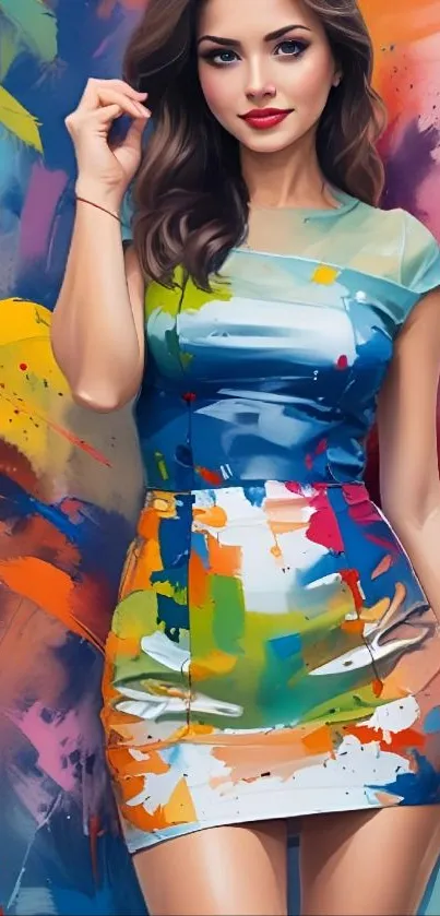 Woman in vibrant colorful dress with abstract background.
