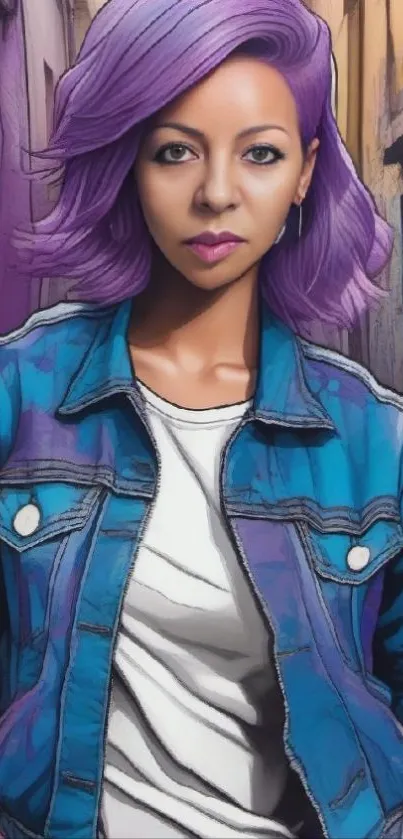 Stylish woman with purple hair in an urban setting.