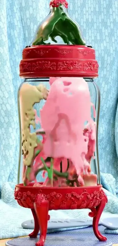 A vibrant red glass jar with artistic splashes and a blue background.