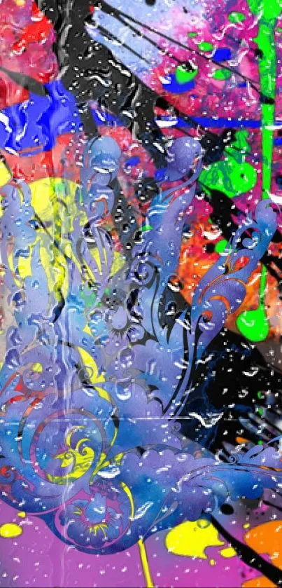 Colorful abstract hand with rain effect on mobile wallpaper.