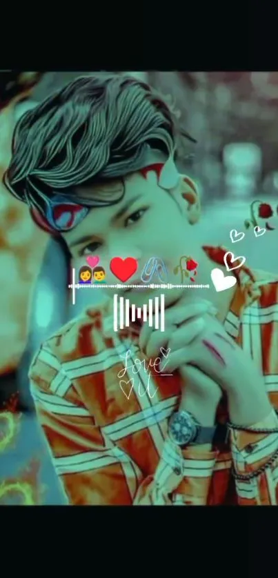 Stylish person with hearts and emojis in vibrant colors.