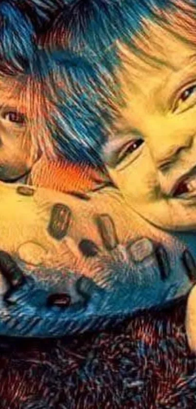 Colorful artistic portrait of smiling kids with textured design.