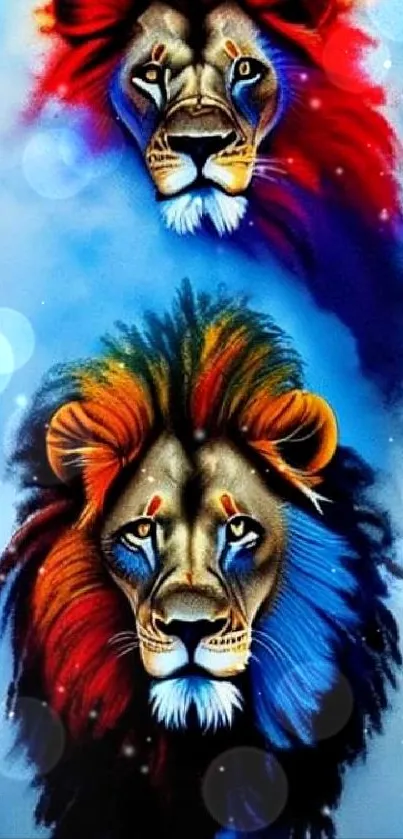 Artistic lions with colorful manes on a vibrant blue background.