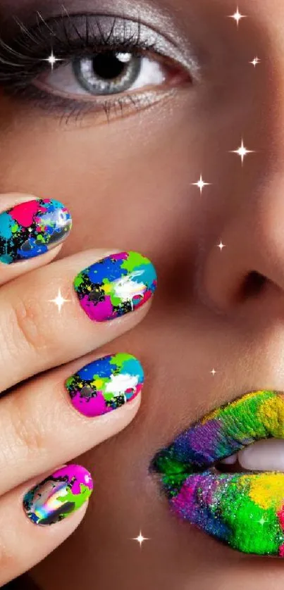 Close-up of colorful makeup and nail art on a woman's face.