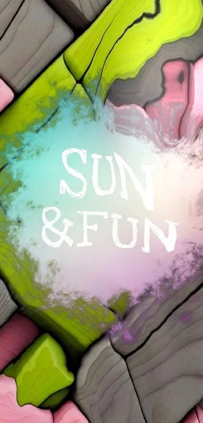 Abstract mobile wallpaper with 'Sun & Fun' text in vibrant colors.