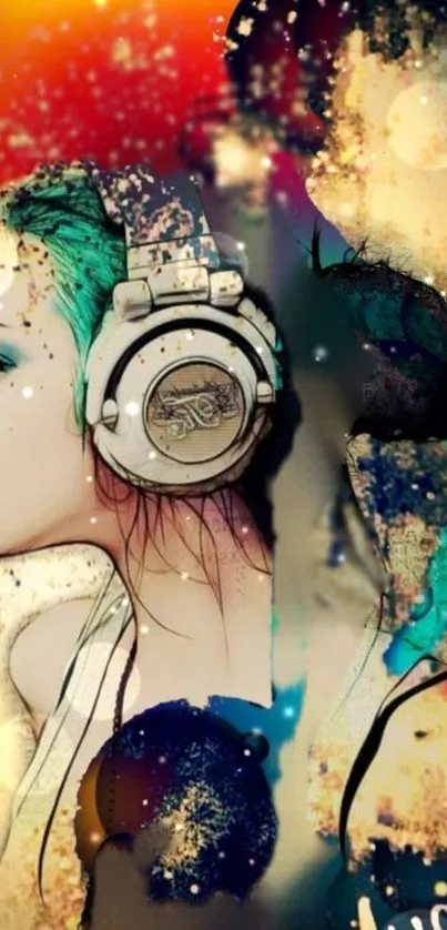 Artistic wallpaper with colorful music theme featuring headphones.