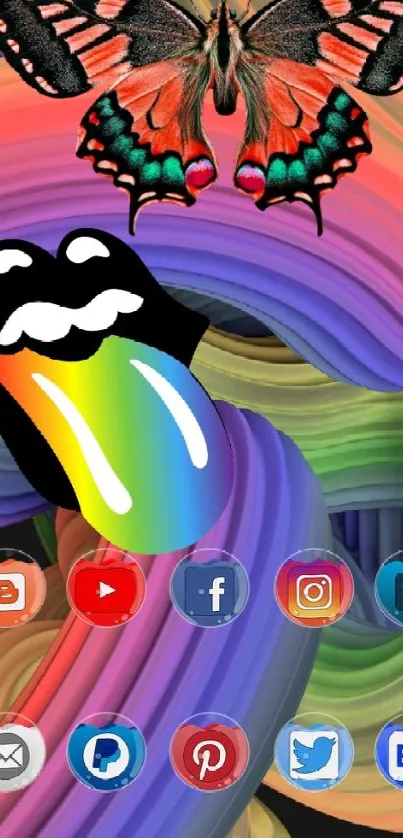 Colorful wallpaper with butterfly, rainbow, and social icons.