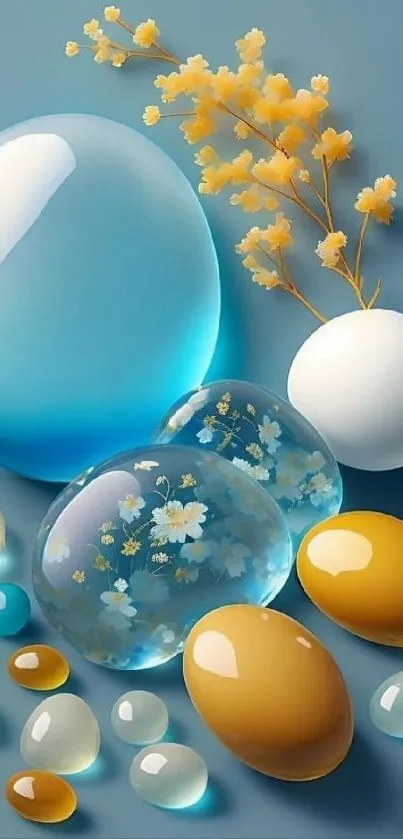 Artistic wallpaper with colorful spheres and floral designs on a blue background.