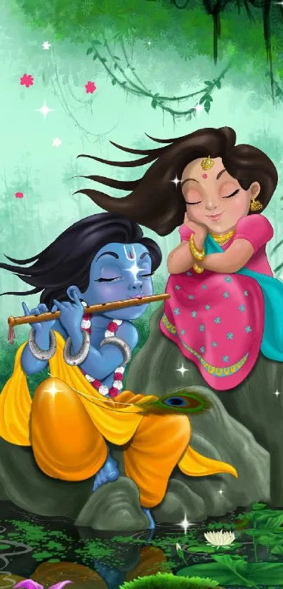 Artistic wallpaper of Krishna playing flute with Radha in nature.