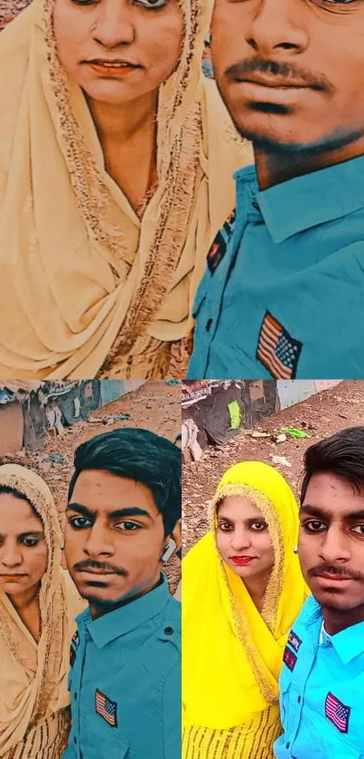 Colorful collage of two individuals posing outdoors in different angles.