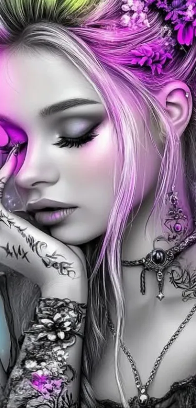 Colorful artistic portrait with floral elements.