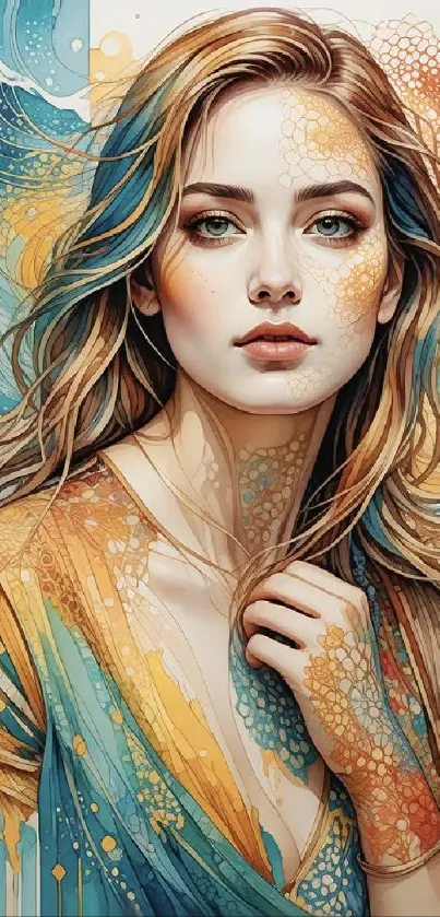 Artistic portrait of a woman with vibrant colorful patterns on a mobile wallpaper.