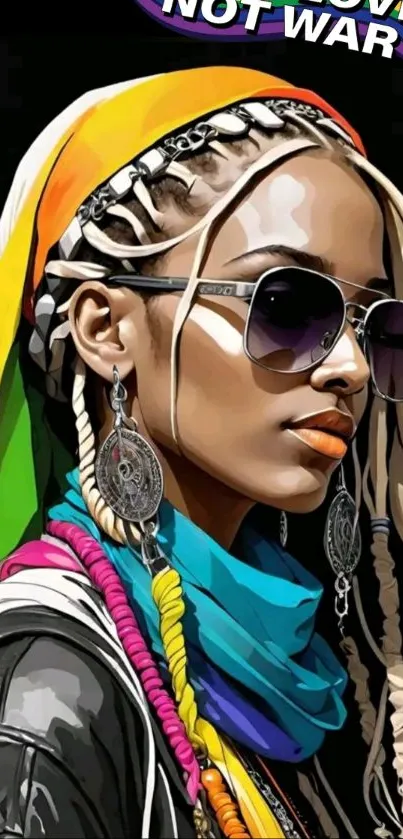 Colorful portrait wallpaper with sunglasses, vibrant accessories, and a lively vibe.