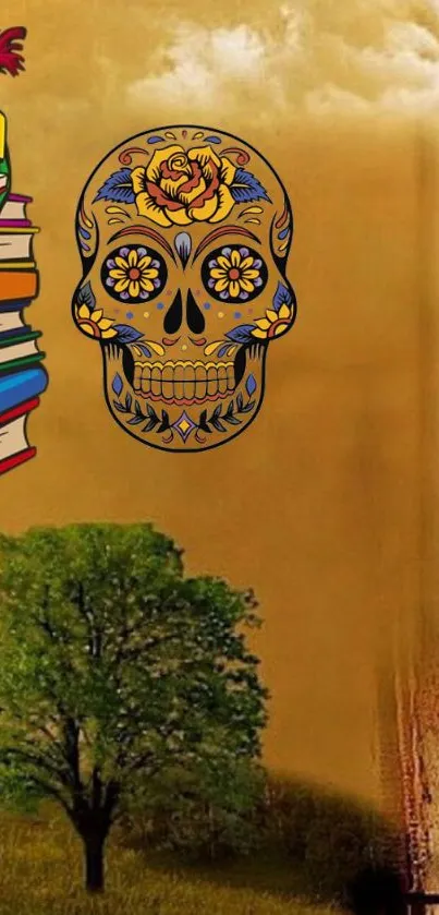 Colorful wallpaper with a sugar skull and books.