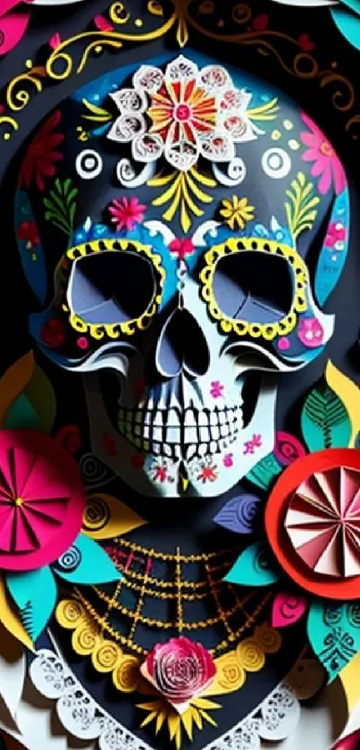 Colorful artistic skull with floral patterns on a mobile wallpaper background.