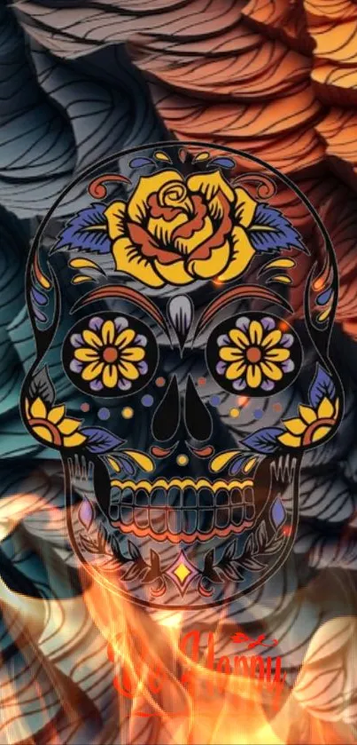 Colorful skull with floral designs on abstract background.