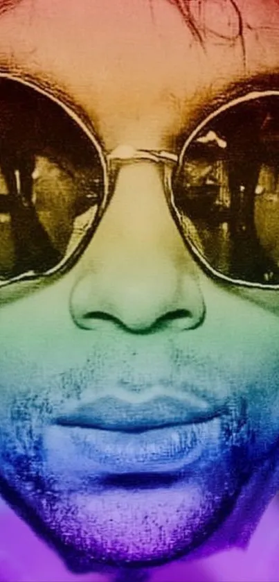 Close-up of a face with round sunglasses in rainbow gradient colors.