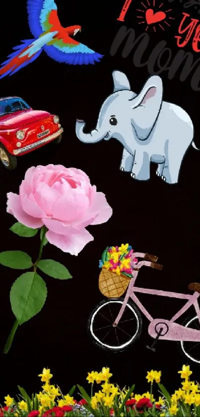 Colorful wallpaper with a parrot, elephant, and flowers for Mother's Day.