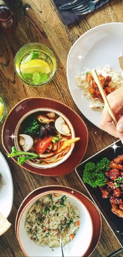 Top view of a colorful assortment of Asian dishes on a dining table.