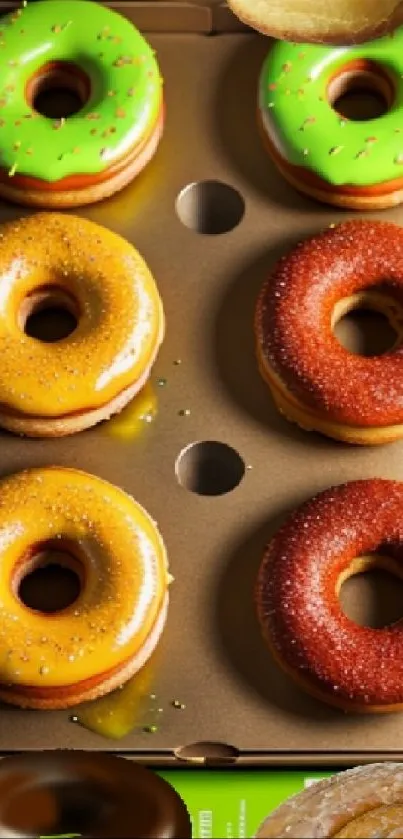 Box of assorted colorful glazed donuts.