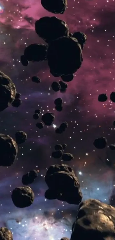 Asteroid field set against a colorful cosmic backdrop of deep purple hues.