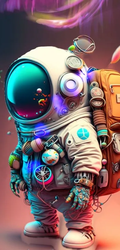 Colorful astronaut illustration with gadgets on an orange-hued background.