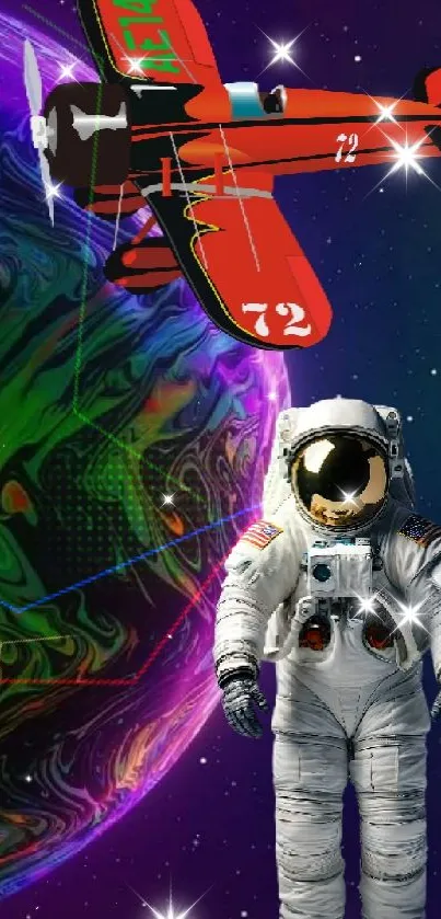 Astronaut and red plane in colorful cosmic scene.