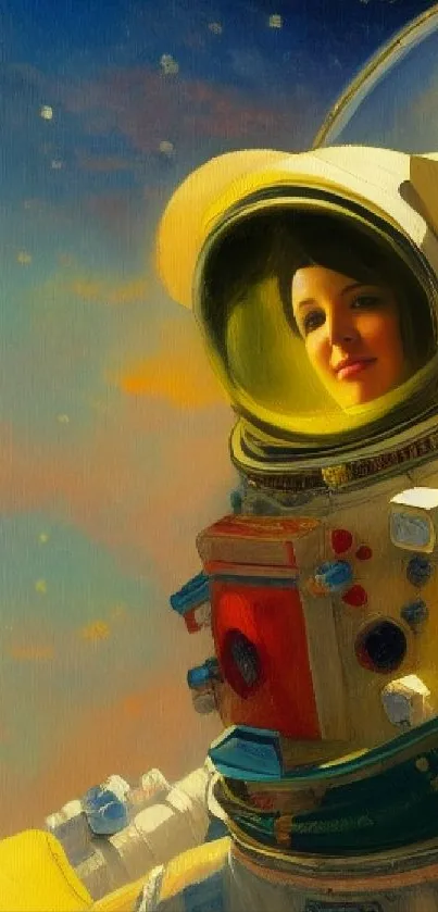 Vibrant artwork of an astronaut in space with a golden background.