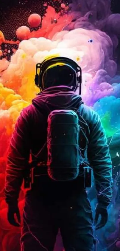 Colorful astronaut surrounded by vibrant cosmic clouds.