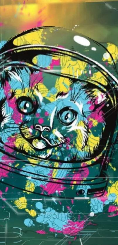 Vibrant astronaut cat in a helmet with colorful splashes and a teal background.