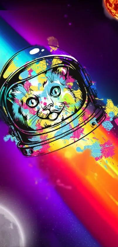 Colorful astronaut cat with rainbow backdrop on mobile wallpaper.