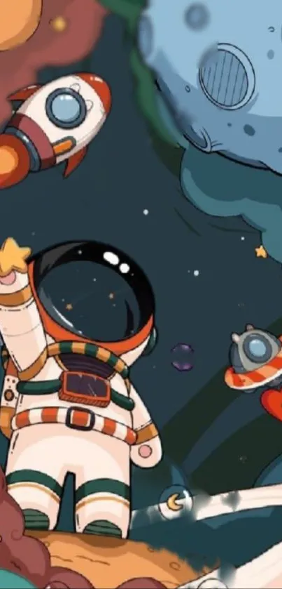 Cartoon astronaut exploring colorful galaxy with rockets and stars.