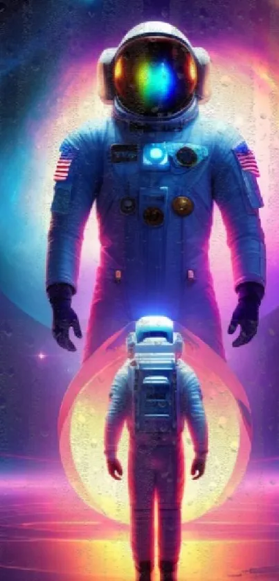 Vivid and colorful astronaut in a surreal galactic backdrop.