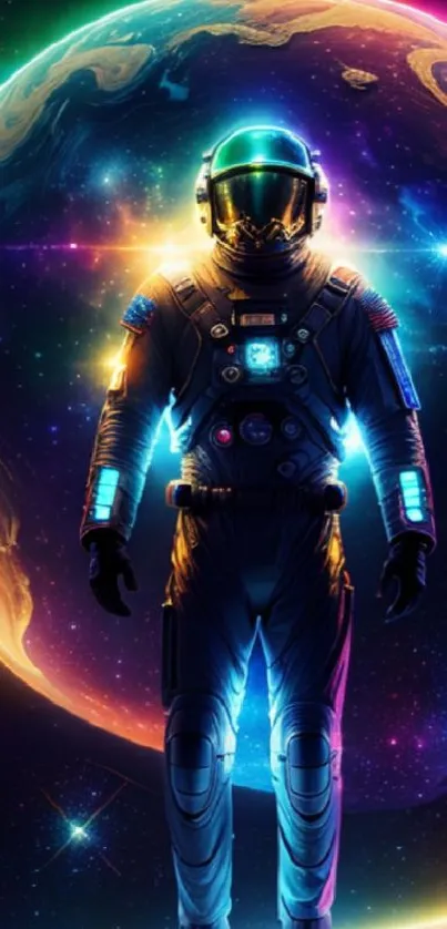 Colorful astronaut in a vibrant galaxy setting wallpaper.