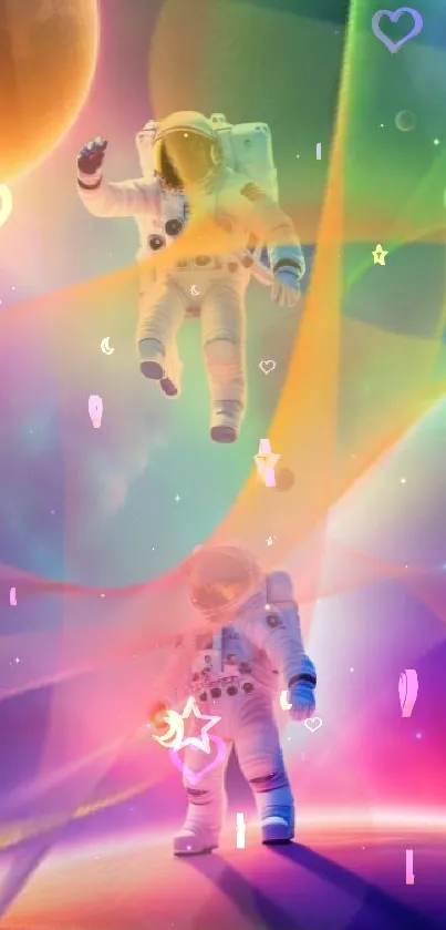 Colorful space art with astronauts floating in a vibrant galaxy.