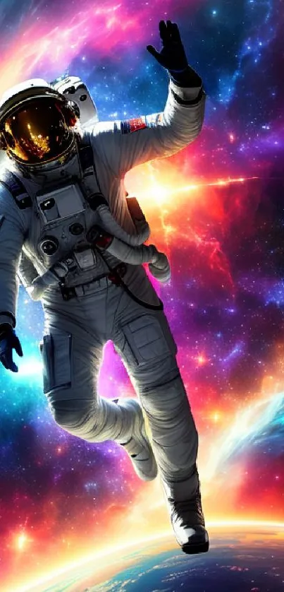 Vibrant astronaut floating in a colorful galaxy with cosmic surroundings.