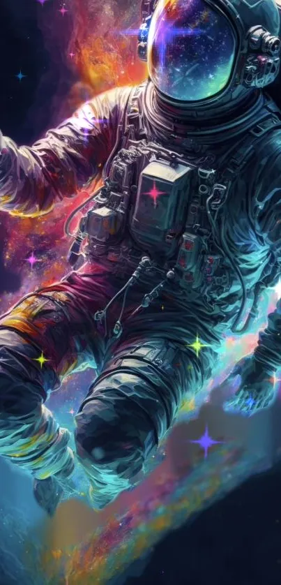 Vibrant mobile wallpaper of an astronaut in a colorful galaxy.