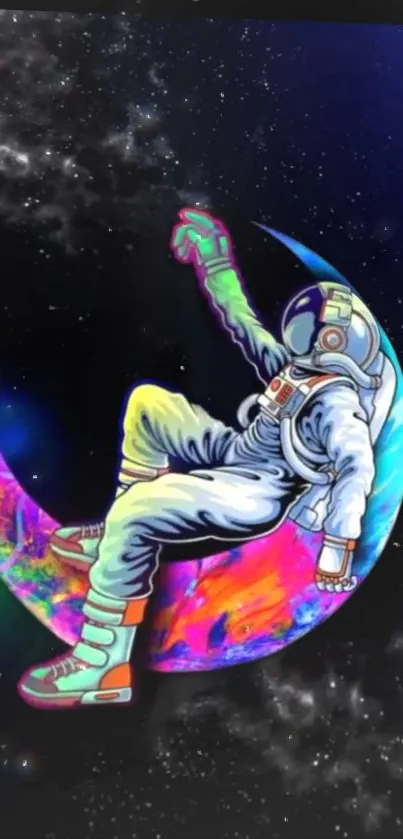 Astronaut on colorful crescent moon in space.
