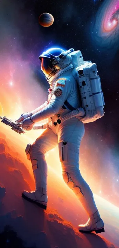 Astronaut walking on a colorful planet with a galaxy backdrop.