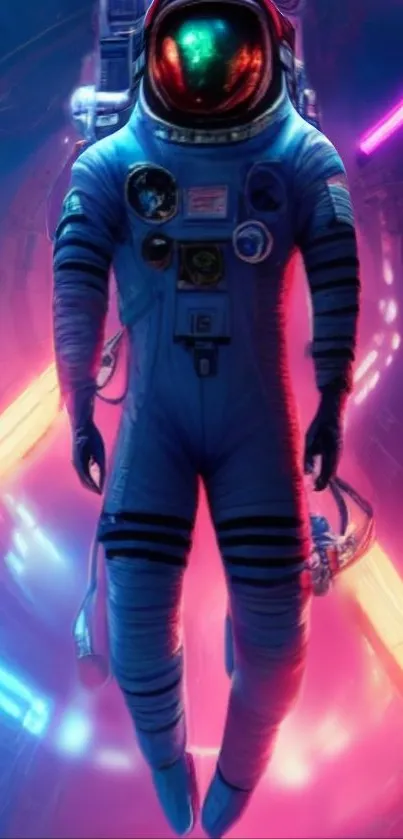 Futuristic astronaut floating in a vibrant neon tunnel.