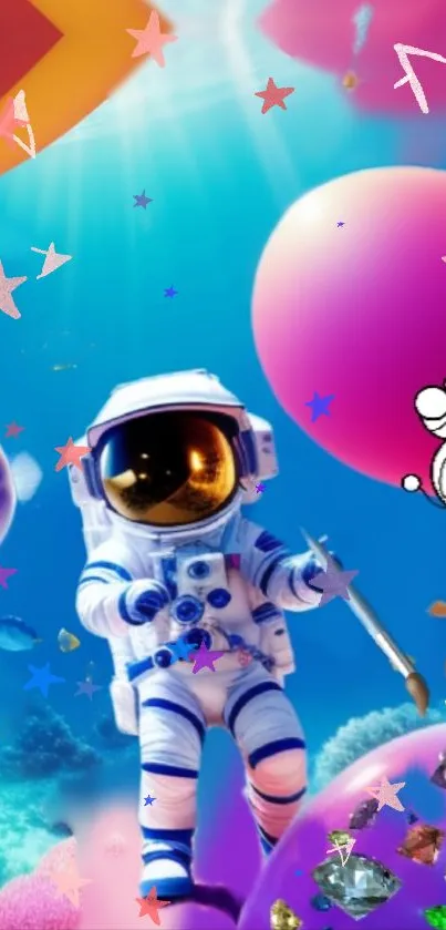 Colorful astronaut with stars and balloons in a lively space scene.