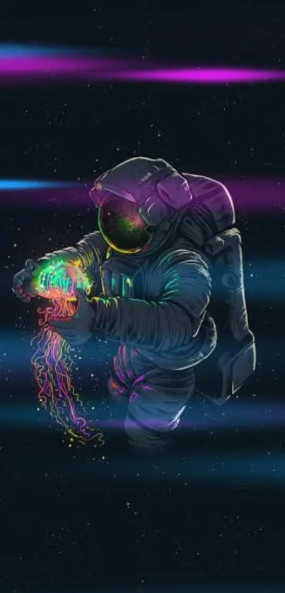 Vibrant astronaut floating in space with neon colors.