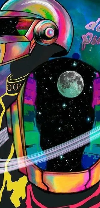 Psychedelic astronaut with colorful cosmic theme on mobile wallpaper.