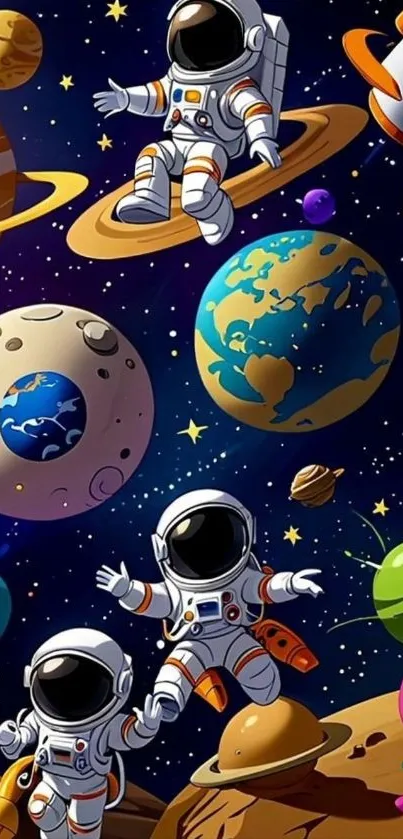 Cartoon astronauts floating in a colorful space scene with planets.