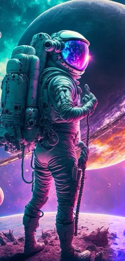 Astronaut surrounded by vibrant cosmic backdrop with planets.